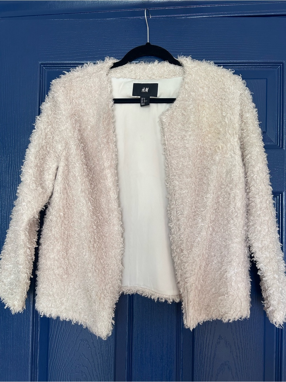 H&M Cream Bouclé Open-Front Teddy Jacket, Size 10
